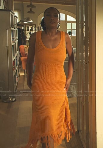 Angela’s orange crochet fringe hem dress on Our Kind of People