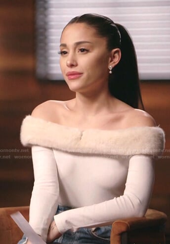 Ariana’s white off-shoulder top with fur on The Voice