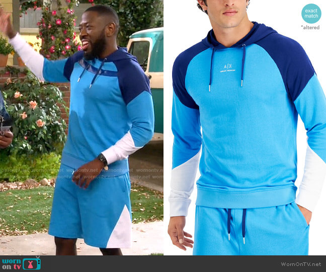 Armani Exchange Simply Blue Colorblocked Hoodie worn by Malcom (Sheaun McKinney) on The Neighborhood