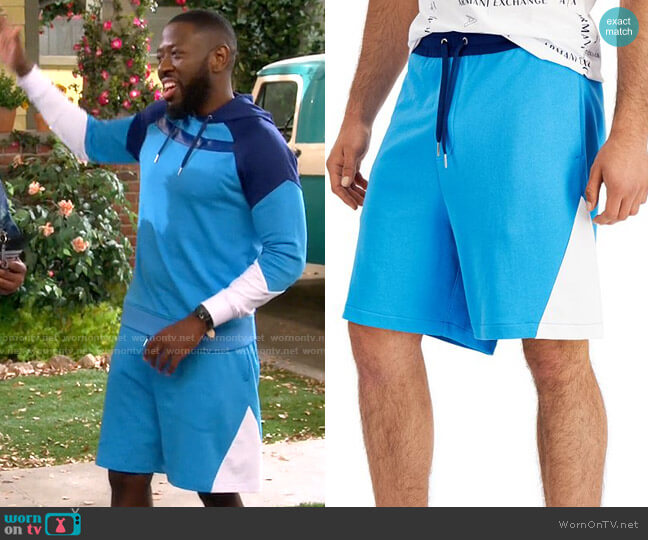 Armani Exchange Simply Blue Colorblocked Shorts worn by Malcom (Sheaun McKinney) on The Neighborhood