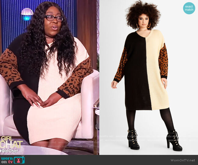 Ashley Stewart Leopard Colorblock Sweater Dress worn by Loni Love on The Real