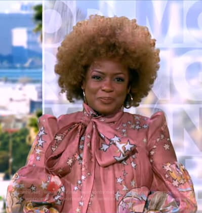 Aunjanue Ellis’s pink star print tie neck dress on Good Morning America