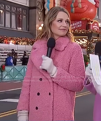 Savannah’s pink double breasted teddy coat on Today