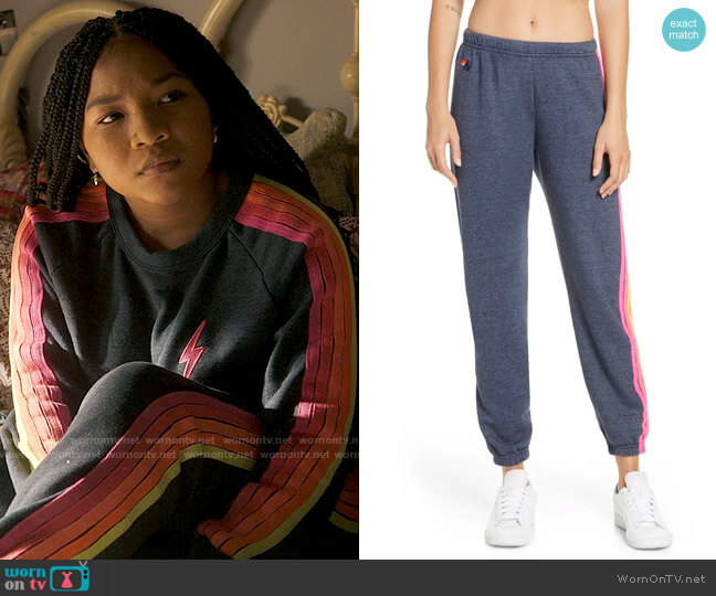Aviator Nation Stripe Sweatpants in Heather Navy Neon worn by Delilah (Laya DeLeon Hayes) on The Equalizer