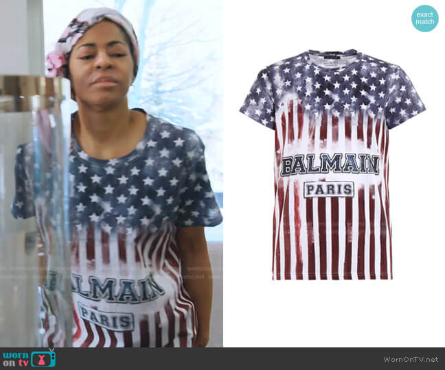 Balmain Cotton USA flag print T-shirt worn by Mary Cosby on The Real Housewives of Salt Lake City