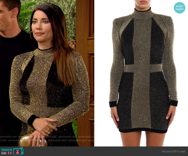 Balmain Colorblock Velvet and Lurex Dress worn by Steffy Forrester (Jacqueline MacInnes Wood) on The Bold and the Beautiful