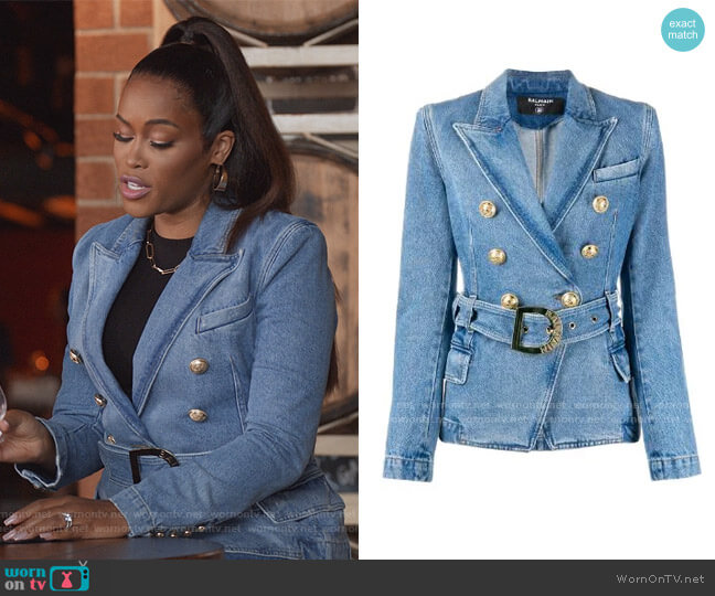 Balmain Decorative Button Belted Jacket worn by Brianna (Eve) on Queens