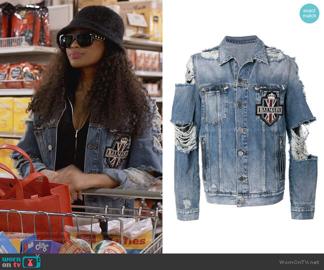 Balmain Distressed Denim Jacket with Badge worn by Lauren Rice (Pepi Sonuga) on Queens