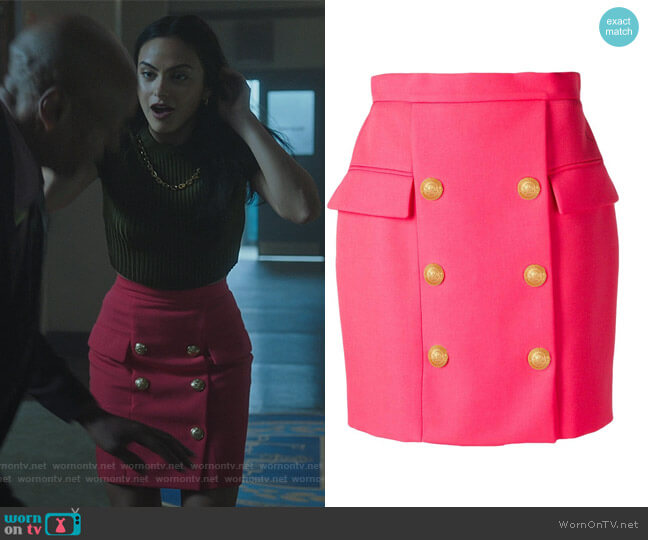 Balmain High Waist Button Detail Mini Skirt worn by Veronica Lodge (Camila Mendes) on Riverdale