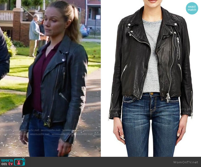 Barneys New York Quilted Leather Moto Jacket worn by Hailey Upton (Tracy Spiridakos) on Chicago PD
