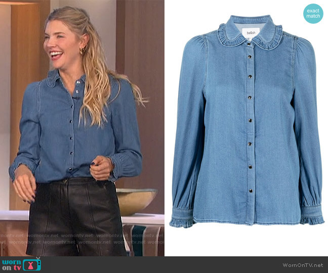 Ba&sh Lila frilled-edge denim shirt worn by Amanda Kloots on The Talk
