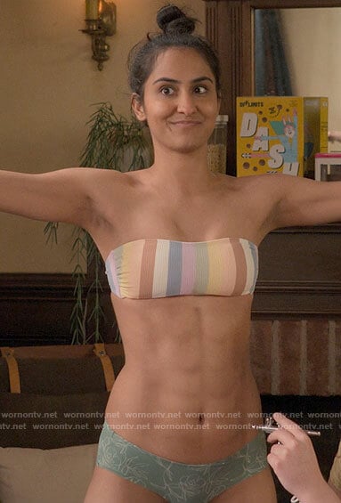 Bela’s striped bikini top on The Sex Lives of College Girls
