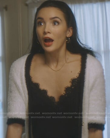 Bess’s black lace cami and white contrast short sleeve cardigan on Nancy Drew