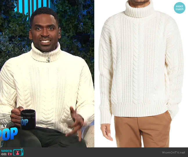 Boss Nannos Turtleneck Cable Knit Wool Sweater worn by Justin Sylvester on E! News