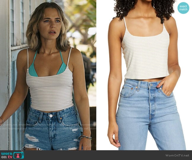 BP Stripe Rib Crop Camisole in Beige Oatmeal Jamie Stripe worn by Lennon (Madison Iseman) on I Know What You Did Last Summer