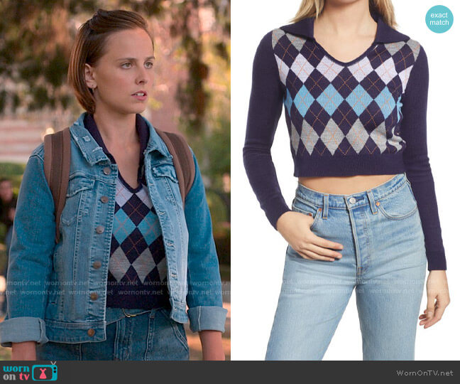 BP Crop Polo Sweater in Navy Argyle worn by Kimberly Finkle (Pauline Chalamet) on The Sex Lives of College Girls
