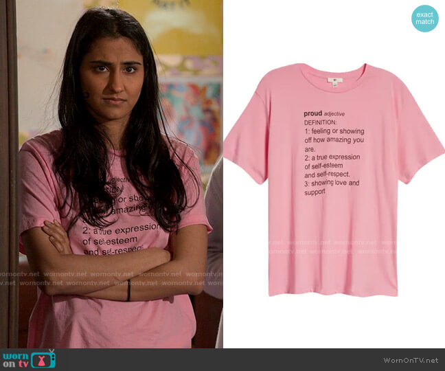 BP. Proud Graphic Tee worn by Bela Malhotra (Amrit Kaur) on The Sex Lives of College Girls