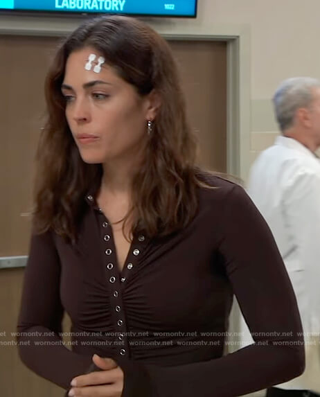 Britt’s brown ruched button down top on General Hospital