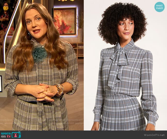 Brooks Brothers Glen Plaid Crepe Blouse worn by Drew Barrymore on The Drew Barrymore Show