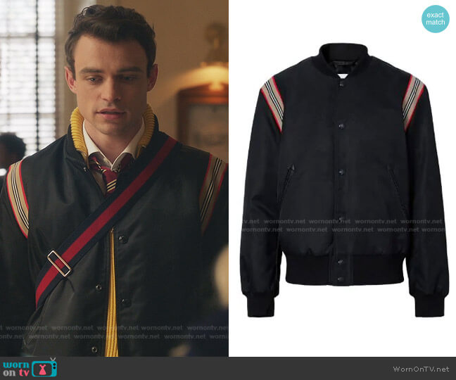 Burberry Icon Stripe Trim Bomber Jacket worn by Maximus Wolfe (Thomas Doherty) on Gossip Girl