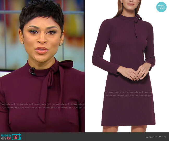 Calvin Klein Tie-Neck Scuba Crepe Dress in Aubergine worn by Jericka Duncan on CBS Mornings