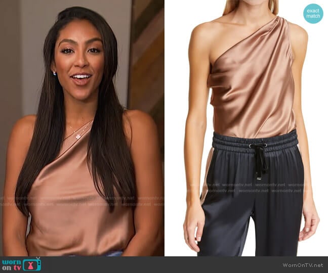 Cami NYC The Darby One Shouler Silk Bodysuit in cappccino worn by Tayshia Adams on The Bachelorette