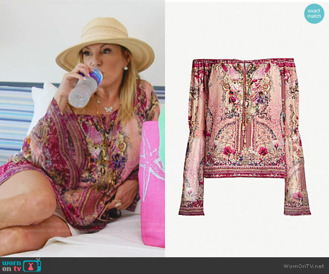 Camilla La Belle Off-the-Shoulder Silk-Crepe Top worn by Ramona Singer on The Real Housewives Ultimate Girls Trip
