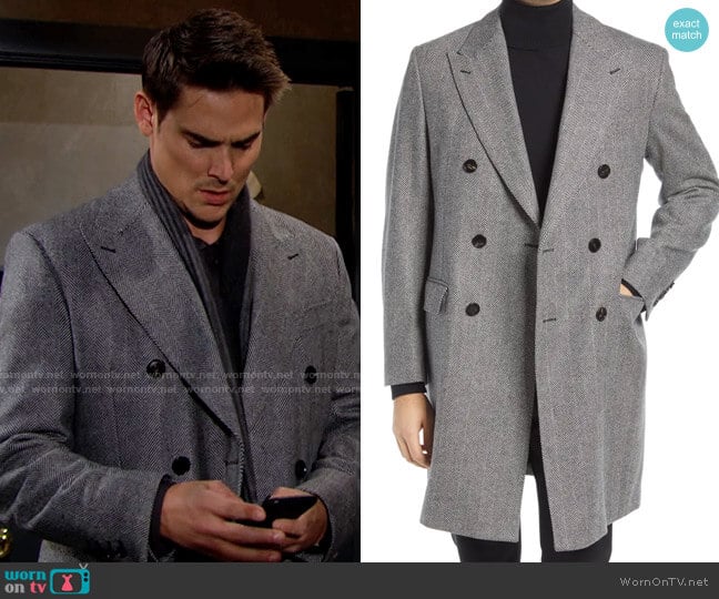 Cardinal of Canada Sheppard Herringbone Wool Double Breasted Overcoat worn by Adam Newman (Mark Grossman) on The Young and the Restless