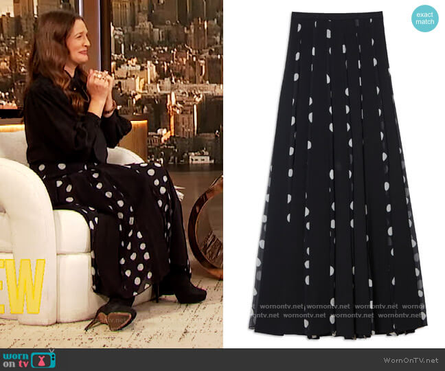 Carolina Herrera Dot Print Panel A-Line Crepe Skirt worn by Drew Barrymore on The Drew Barrymore Show