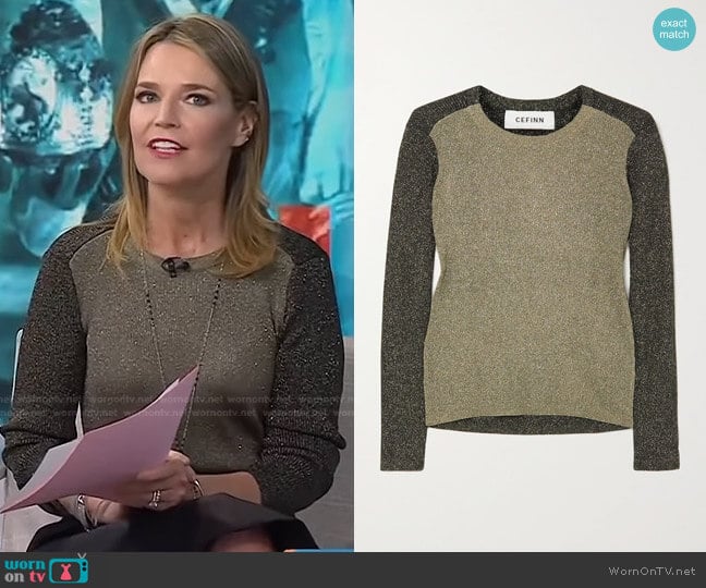 Cefinn Remi Two-Tone Metallic Stretch-Knit Sweater worn by Savannah Guthrie on Today