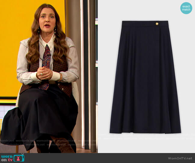 Celine 70s Midi Skirt in Wool Flannel worn by Drew Barrymore on The Drew Barrymore Show