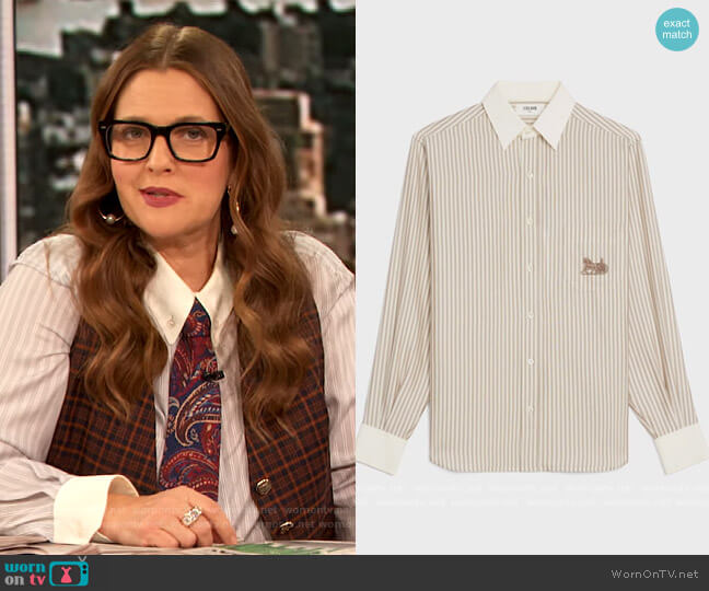 Celine Loose Shirt in Striped Silk worn by Drew Barrymore on The Drew Barrymore Show