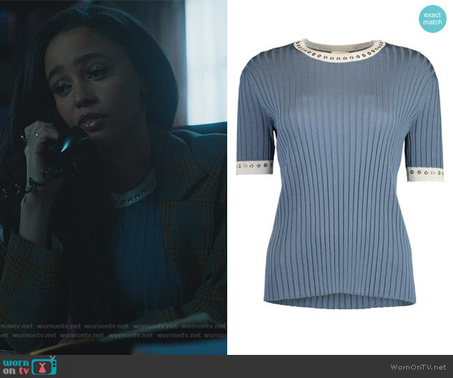 Chloe Silk Short Sleeve Ribbed Grommet Top worn by Toni Topaz (Vanessa Morgan) on Riverdale