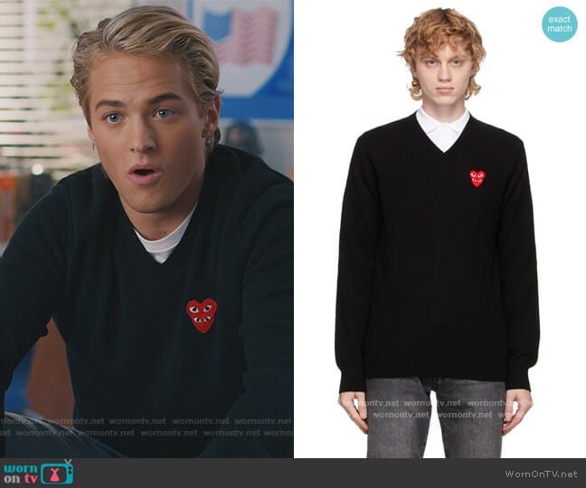 Comme Des Carcons Play Black Double Heart V-neck Sweater worn by Mac Morris (Mitchell Hoog) on Saved By The Bell