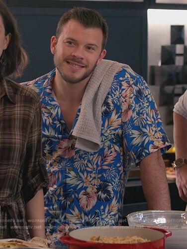 Connor’s blue floral print shirt on Home Economics