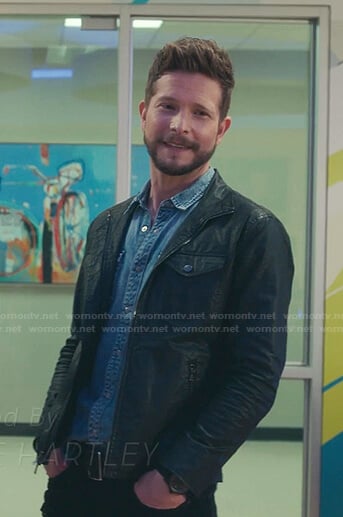 Conrad’s chambray shirt and black leather jacket on The Resident