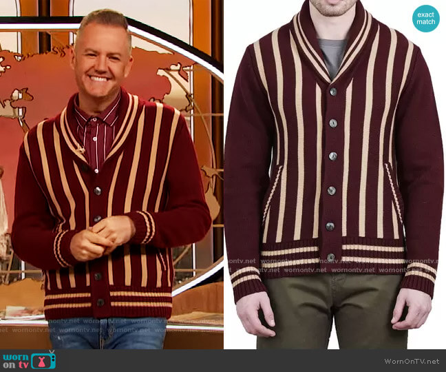 Crwth Billy The Kid Shawl Collar Cardigan with Vertical Stripes Sweater worn by Ross Mathews on The Drew Barrymore Show