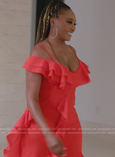 Cynthia’s red ruffle maxi dress on The Real Housewives Ultimate Girls Trip