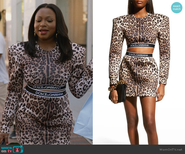 Dolce and Gabbana Leopard-Print Strong-Shoulder Cropped Sweatshirt worn by Jill (Naturi Naughton) on Queens