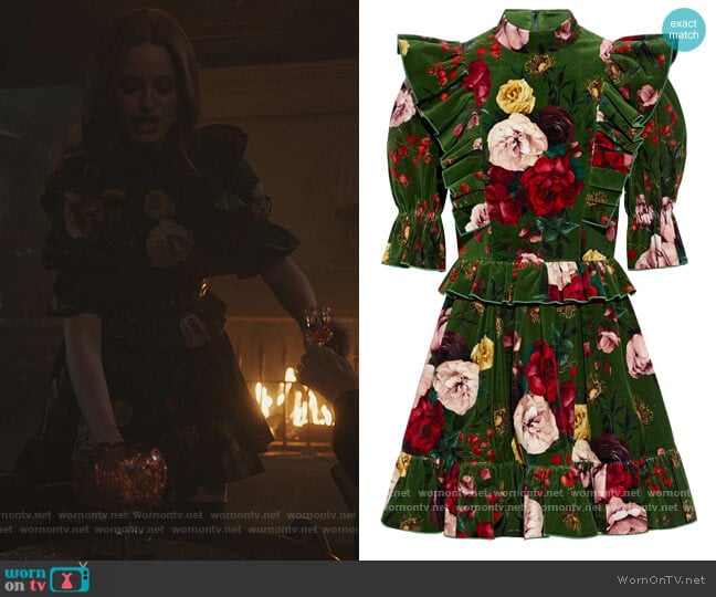 Dolce & Gabbana Ruffled floral-print cotton-blend velvet mini dress worn by Cheryl Blossom (Madelaine Petsch) on Riverdale