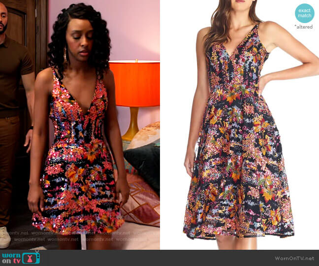 Dress the Population Elisa Dress in Papaya Multi worn by Karen Mott (Ebony Obsidian) on Tyler Perrys Sistas