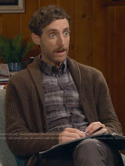 Drew’s grey and brown plaid shirt on B Positive