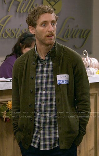 Drew’s plaid shirt and green cardigan on B Positive