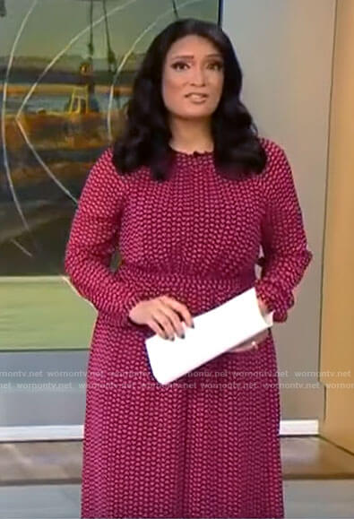 Elaine Quijano’s heart print midi dress on CBS Mornings