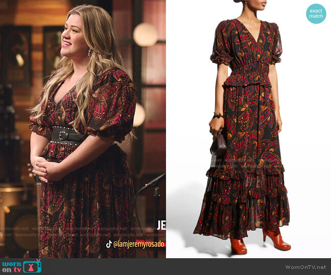 Farm Rio Butterfly Sky Tiered Maxi Dress worn by Kelly Clarkson on The Voice