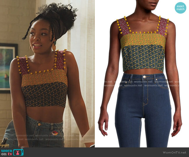 French Connection Adita Pom-Pom Crop Top worn by Nikki Vaughn (Alana Bright) on Our Kind of People
