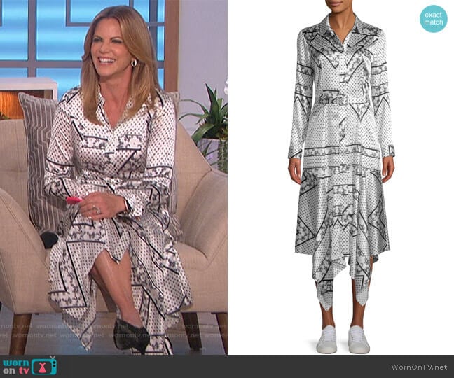 Ganni Asymmetric Printed Stretch Satin Shirt Dress worn by Natalie Morales on The Talk