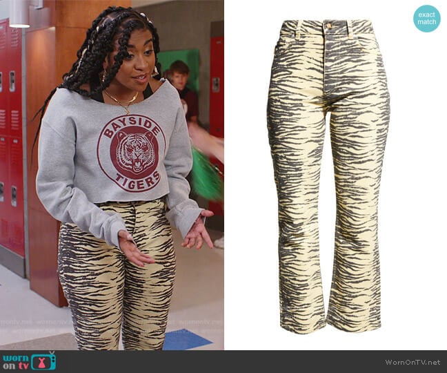 Ganni High Waist Zebra Print Straight Leg Jeans worn by Aisha (Alycia Pascual-Pena) on Saved By The Bell