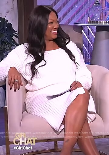 Garcelle’s white off shoulder sweater and skirt on The Real