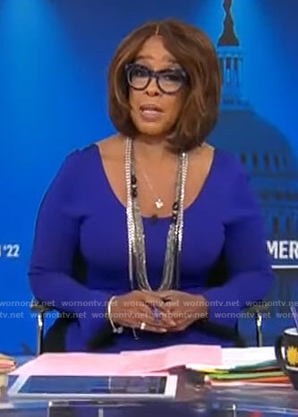 Gayle King’s purple long sleeved dress with black back on CBS Mornings